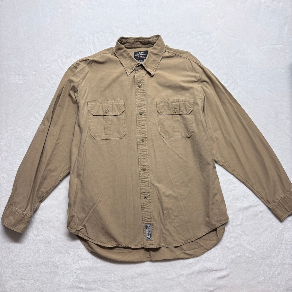 Polo Jeans Co Ralph Lauren Mens Tan Long Sleeve Cotton Utility Workwear Shirt XL